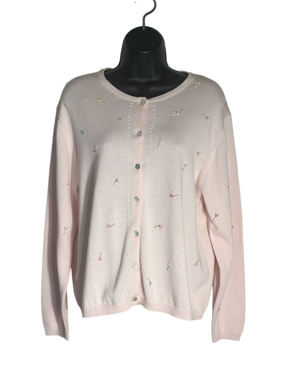 Vintage Susan Bristol Pink Cardigan Embroidered Floral Design & Pearl Buttons